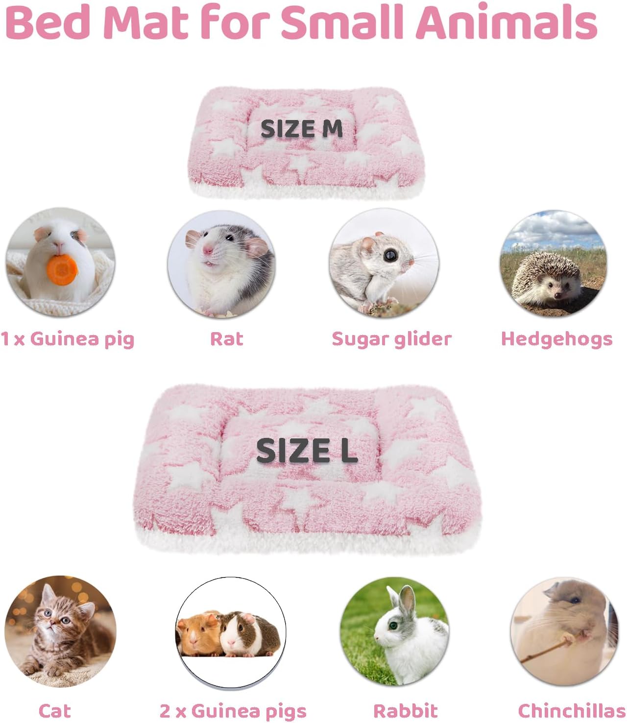 Amakunft 2 Pcs Guinea Pig Bed Mat Washable, Rabbit Winter Bed Pad for Indoor, Warm Small Animal Bed Mattres, Fleece Sleeping Pad for Bunny, Rat, Hedgehog, Sugar Glider, Chinchilla (Pink Star, Large)