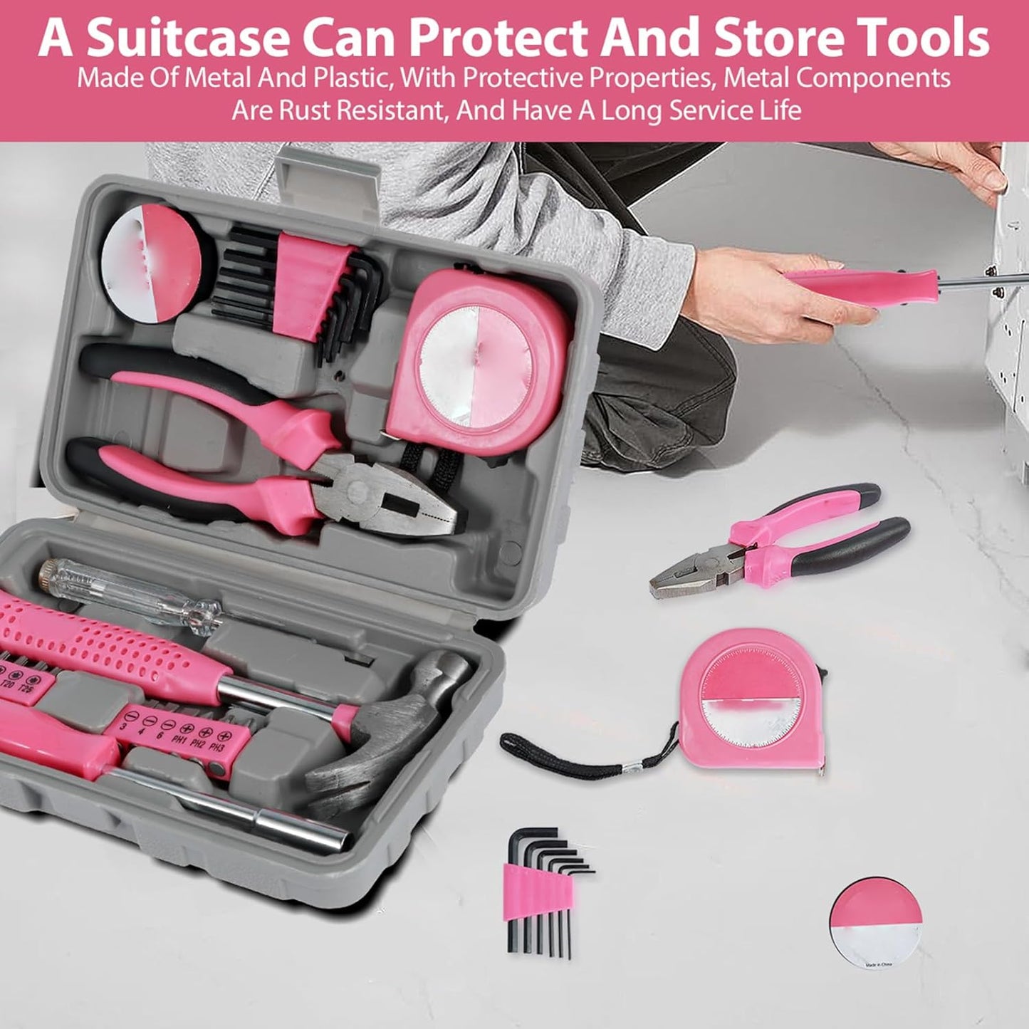 48pcs Small Tool Kit, Pink Mini Tool Kit for Women, Multi-Purpose Home Hand Tool Set with Case, Basic Household Tool Kit for College, Dorm, Office, Garage