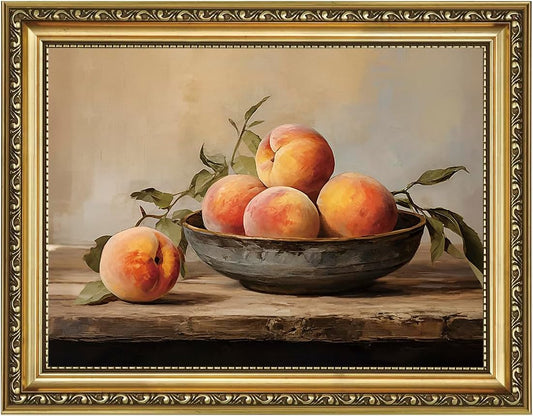 AIKETUO Gold Framed Kitchen Wall Art for Bathroom, Vintage Decorative Fruit Peach Picture Prints Paintings, Small Still Life Canvas Artwork Living Dining Room Gallery, Restaurant, Hotel 10" L x 8" W