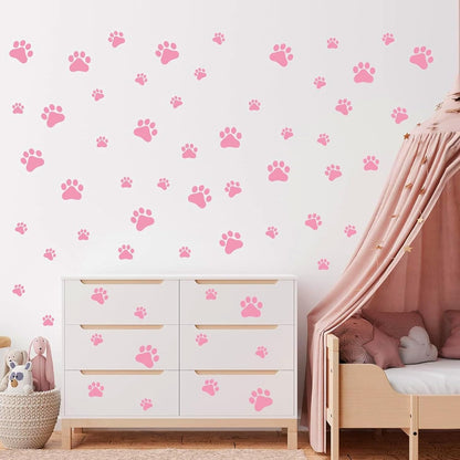 60PCS Dog Paw Wall Decals, Pink Cartoon Dog Paw Print Peel & Stick Stickers, Removable Vinyl Animal Footprint Stickers for Wall & Window Decor