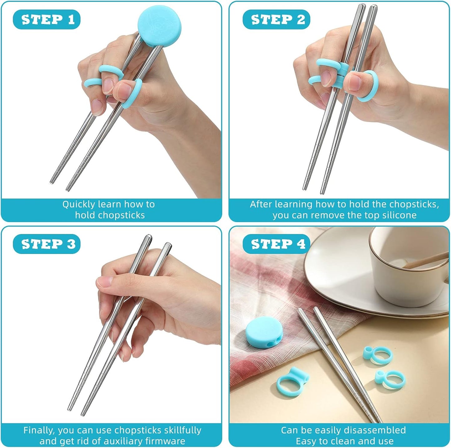 Patelai 2 Pairs Training Chopsticks for Kids, Children Learning Stainless Steel Reusable Metal Chopsticks Helper(Blue, Pink)