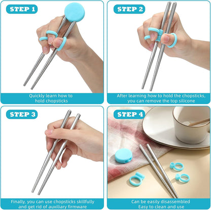 Patelai 2 Pairs Training Chopsticks for Kids, Children Learning Stainless Steel Reusable Metal Chopsticks Helper(Blue, Pink)
