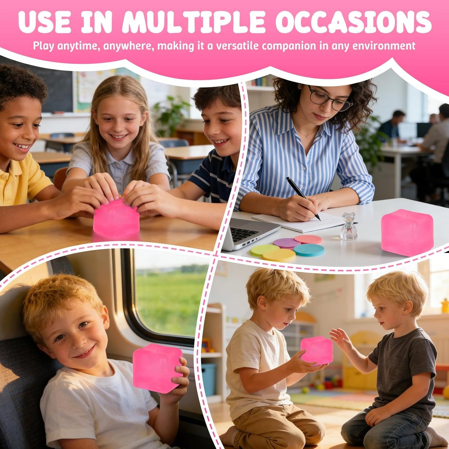 Squishy Ice Cube Fidget Toy,Large Squeeze Toys, Big Squishy Stress Ball with Durable Soft Texture, Extra-Satisfying Squeeze Toy for Adults and Boys & Girls Age 3+ (2.76in) (Pink)
