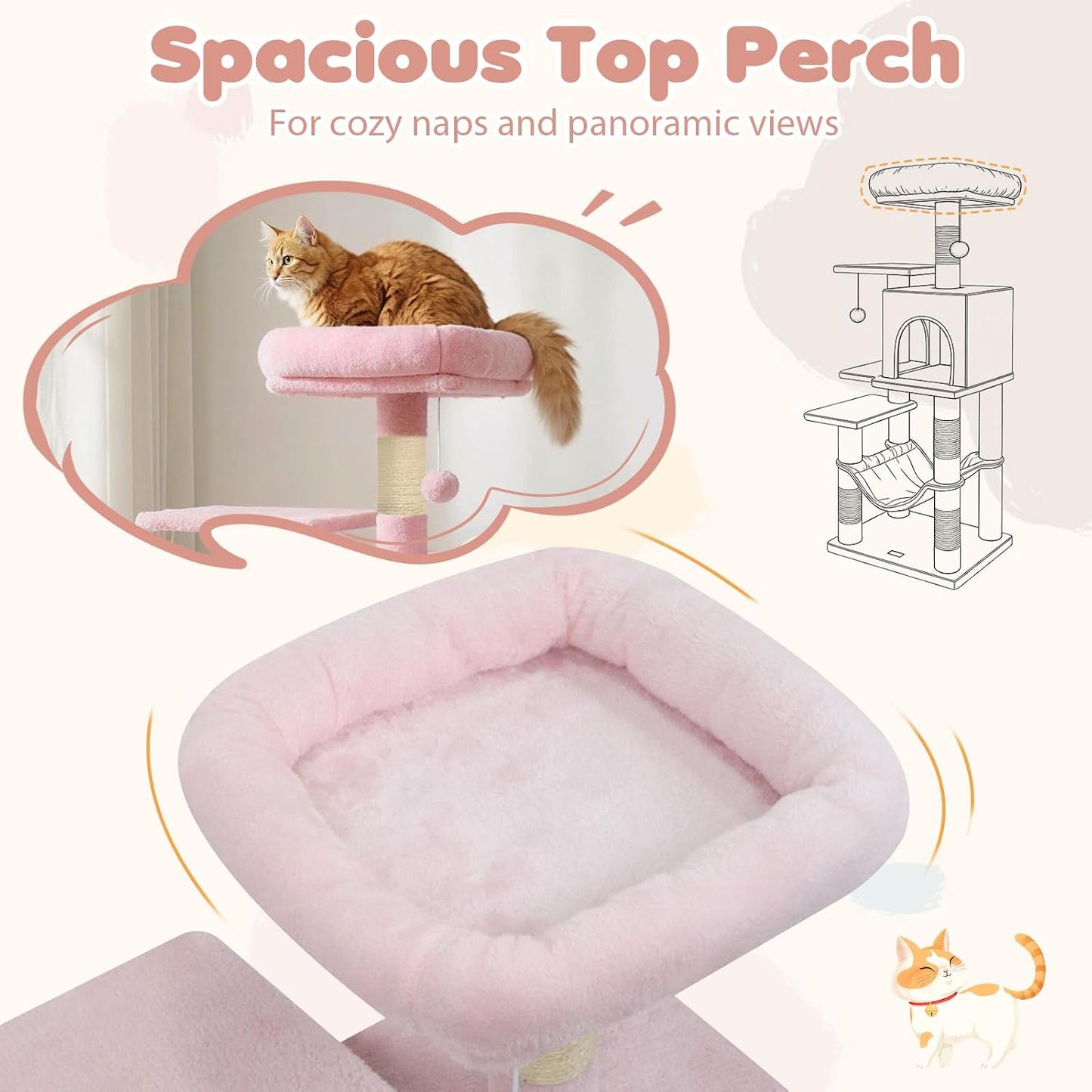 Tangkula Pink Cat Tree, 44 Inch Multi-Level Cat Tower with Sisal Scratching Posts, 2-Door Condo, Padded Top Perch & Hammock, 2 Hanging Balls, Jumping Platforms for Indoor Cats (Pink)