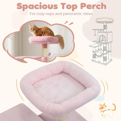 Tangkula Pink Cat Tree, 44 Inch Multi-Level Cat Tower with Sisal Scratching Posts, 2-Door Condo, Padded Top Perch & Hammock, 2 Hanging Balls, Jumping Platforms for Indoor Cats (Pink)