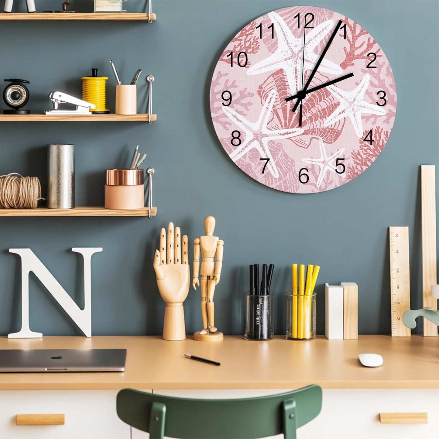 Starfish Wall Clock Battery Operated Non-Ticking 10" Round Wood Clocks, Coastal Starfish Sea Snail Coral Plaid Pink Kitchen Wall Clock for School Bathroom Living Room Home Office Wall Decor