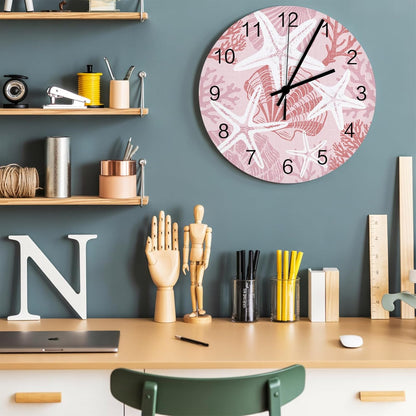 Starfish Wall Clock Battery Operated Non-Ticking 10" Round Wood Clocks, Coastal Starfish Sea Snail Coral Plaid Pink Kitchen Wall Clock for School Bathroom Living Room Home Office Wall Decor