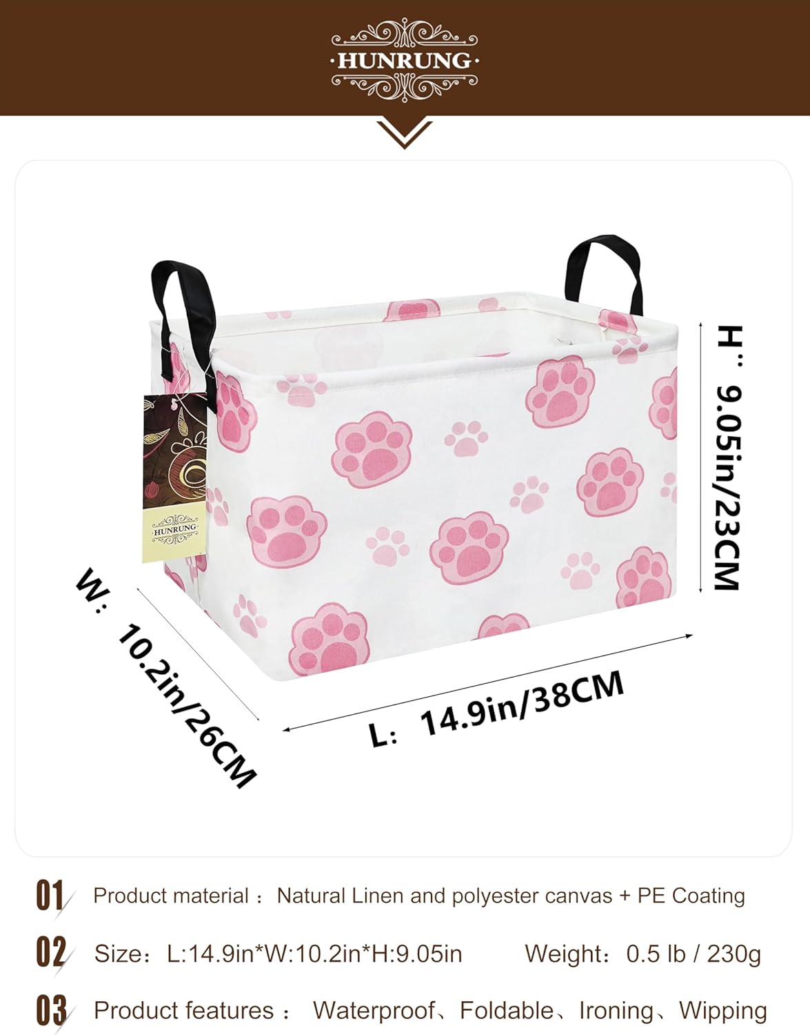 Rectangle Canvas Storage Basket Foldable Waterproof Toy Organizer Bin with Handles Fabric Collapsible Storage Bins for Shelves Kids Room Playroom Nursery Clothes and Pet Supplies(REC-Pink Paw)