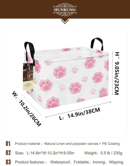 Rectangle Canvas Storage Basket Foldable Waterproof Toy Organizer Bin with Handles Fabric Collapsible Storage Bins for Shelves Kids Room Playroom Nursery Clothes and Pet Supplies(REC-Pink Paw)