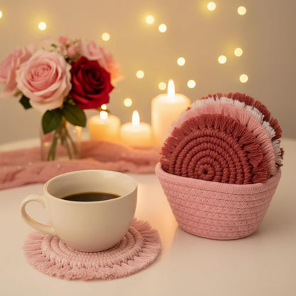 Coasters Set of 6 for Drinks Boho Absorbent Woven Cotton Coaster with Holder Farmhouse Tassel Macrame Cup Mat Housewarming Gift for Coffee Table Home Kitchen Office Decoration, 4 in(Pink)