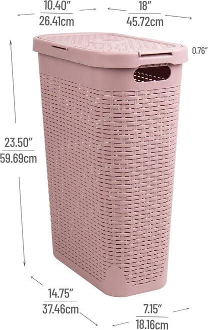 Mind Reader Slim Laundry Hamper with Lid, 40L Clothes Basket, Narrow Tapered Design with Ventilated Cutout Pattern, Plastic, Pink