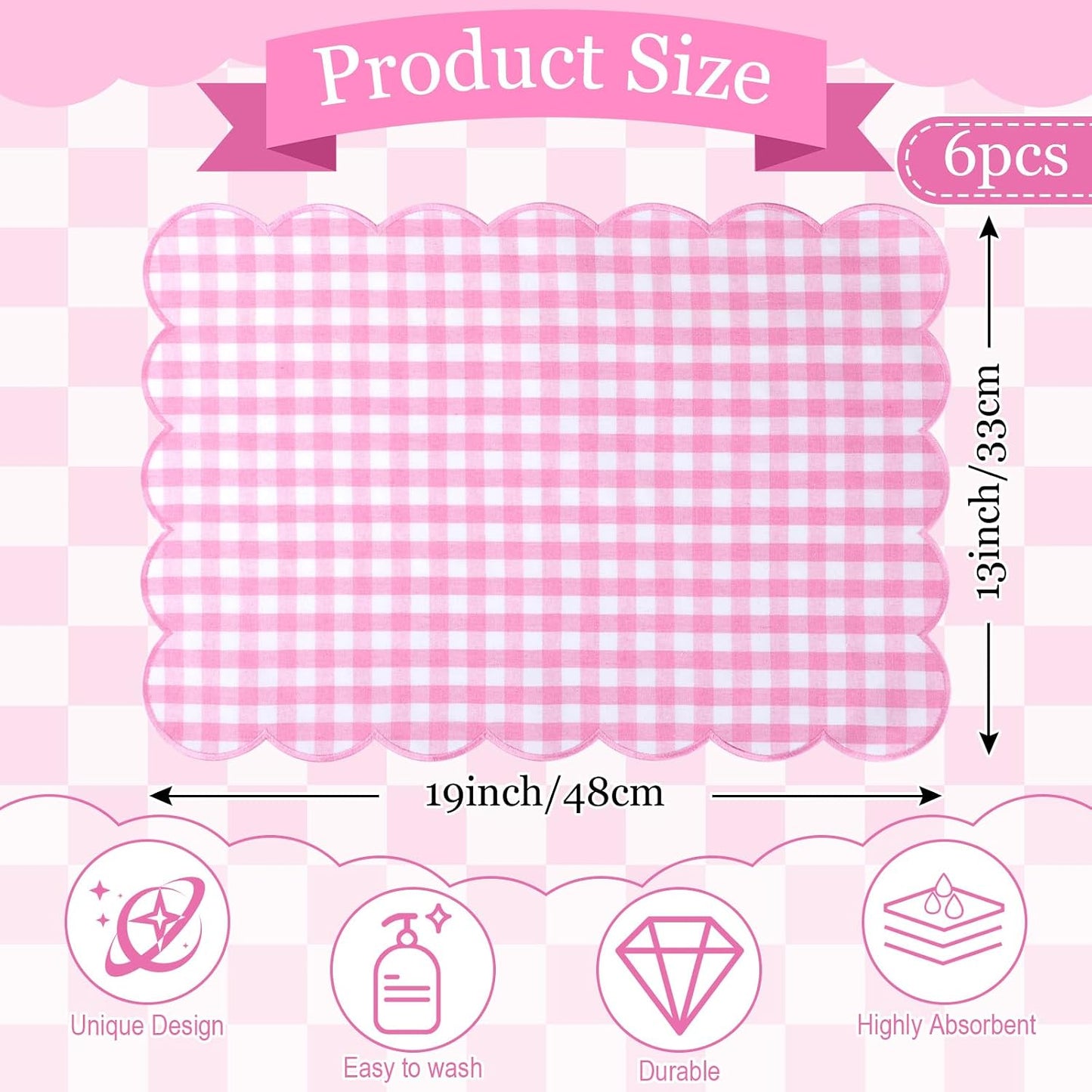 SmoothNovelty 6 Pcs Gingham Linen Placemats 13 x 19 Inch Check Plaid Table Mat Buffalo Plaid Washable Scalloped Wavy Embroidery Placemat for Spring Dining Tables Tea Party(Pink)