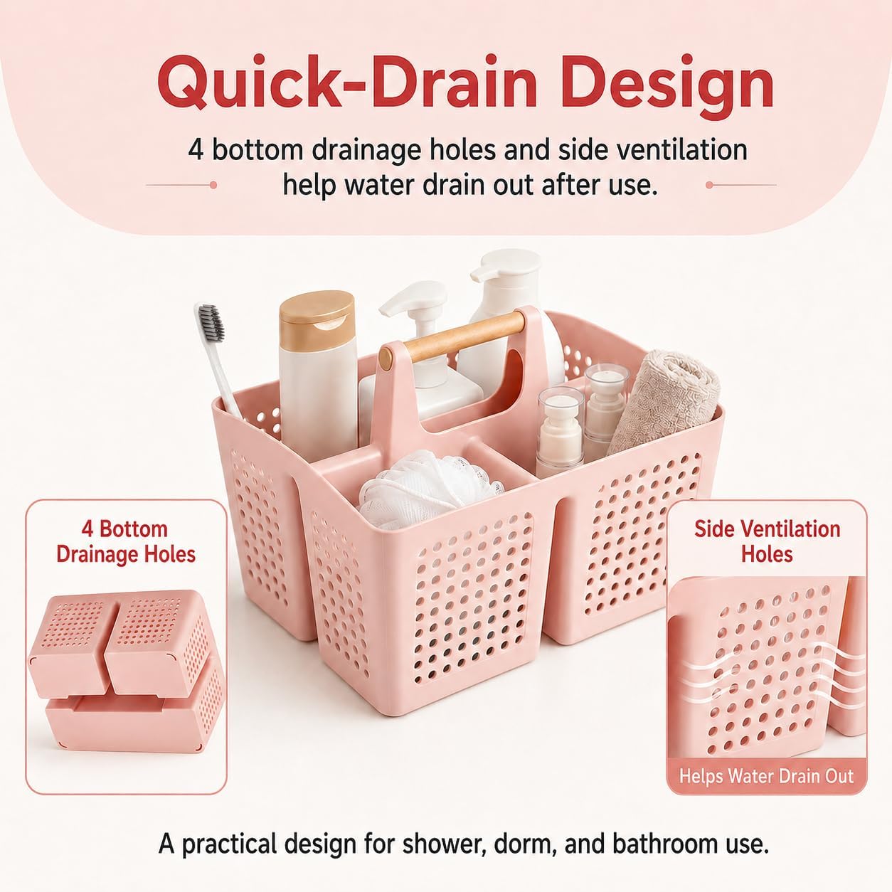 Portable Shower Caddy Basket with Wood Handle, 3-Compartment Bathroom Organizer Tote with Drain Holes, Plastic Shower Basket for Dorm, Toiletries, Cleaning Supplies, Pink