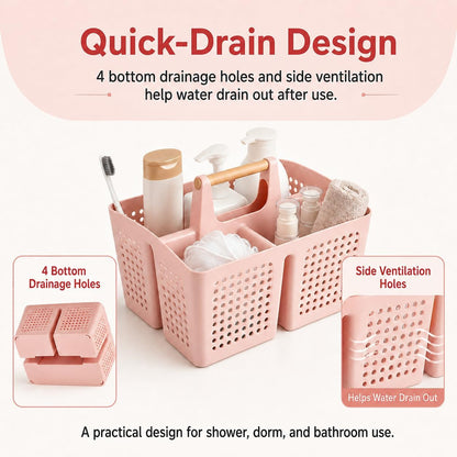 Portable Shower Caddy Basket with Wood Handle, 3-Compartment Bathroom Organizer Tote with Drain Holes, Plastic Shower Basket for Dorm, Toiletries, Cleaning Supplies, Pink