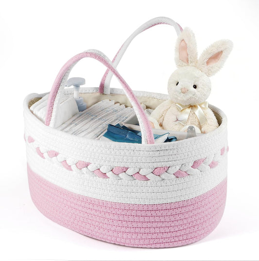 Diaper caddy Organizer, Cotton Rope Gift Basket with Removable Divider, Nursery Storage Organizer for Baby Essentials, Changing Table Diaper Storage Caddy (Pink)