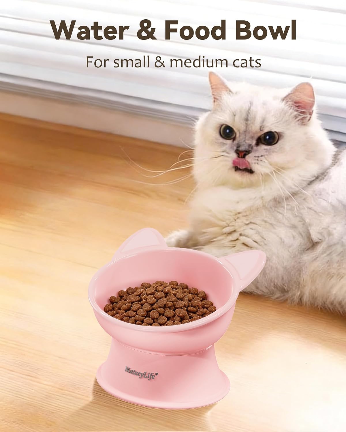 MateeyLife Raised Cat Bowls, Cat Food Bowl Elevated for Kittens & Small Dogs, 15°Tilted Protect Pets' Neck and Anti Vomiting, Whisker Friendly Food & Water Feeding Bowl, 6 oz Each - Pink