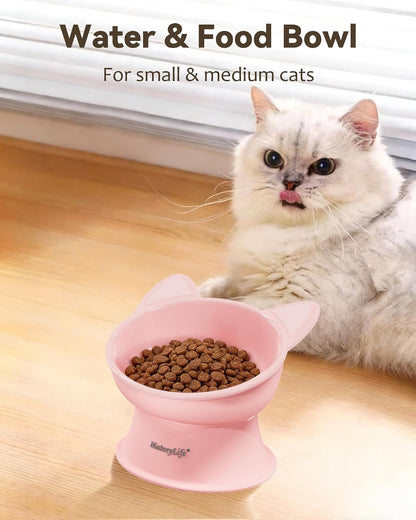 MateeyLife Raised Cat Bowls, Cat Food Bowl Elevated for Kittens & Small Dogs, 15°Tilted Protect Pets' Neck and Anti Vomiting, Whisker Friendly Food & Water Feeding Bowl, 6 oz Each - Pink
