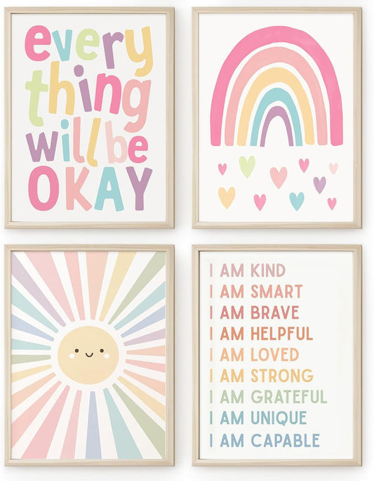 4Pcs Nursery Rainbow Canvas Wall Art pink Affirmations Girls Bedroom wall decor Kids Heart Picture Posters Colorful Boho Sun Nursery canvas painting Prints for Classroom School Nursery Decoration Unframed