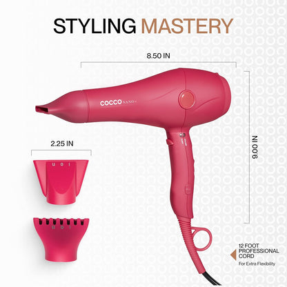 Cocco Nano Pro Hair Dryer, Ultra Lightweight, Ionic Intel System, Ceramic Spheres Technology, Professional Performance, Pink