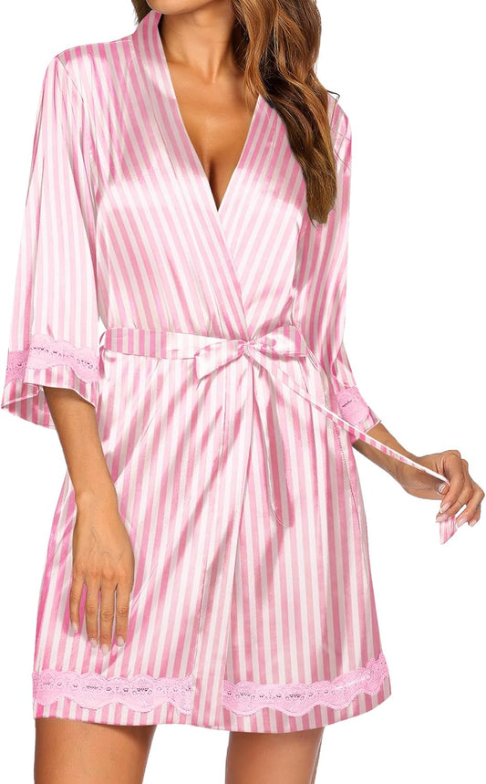 Ekouaer Women's Lace-Trim Silk Robes Bride Bridesmaid Kimono Satin Bathrobe V Neck Sleepwear with 3/4 Sleeve