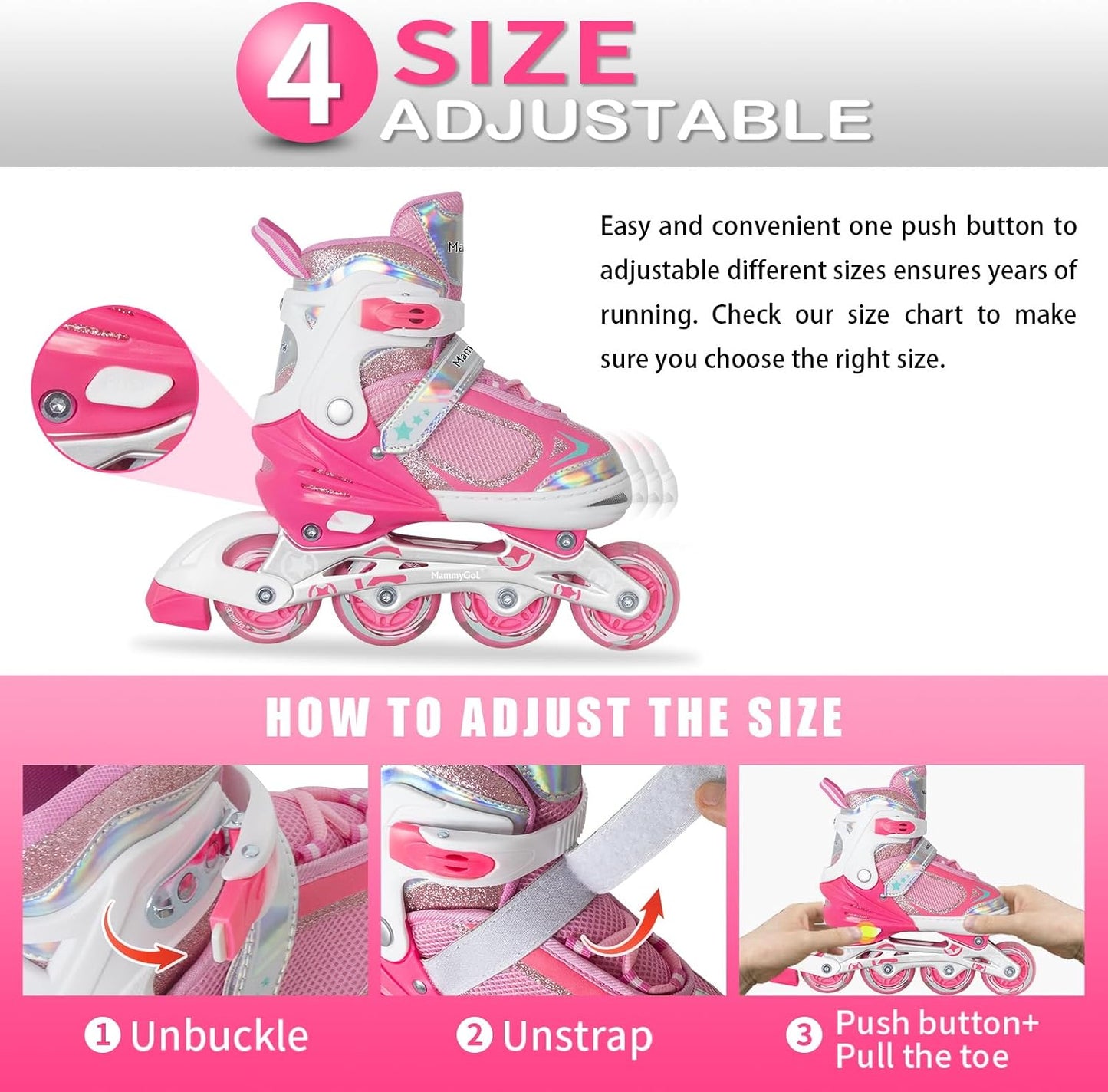 MammyGol Adjustable Inline Skates for Kids Boys Girls Youth Blades Roller Skates with Light up Wheels Ages 4-16