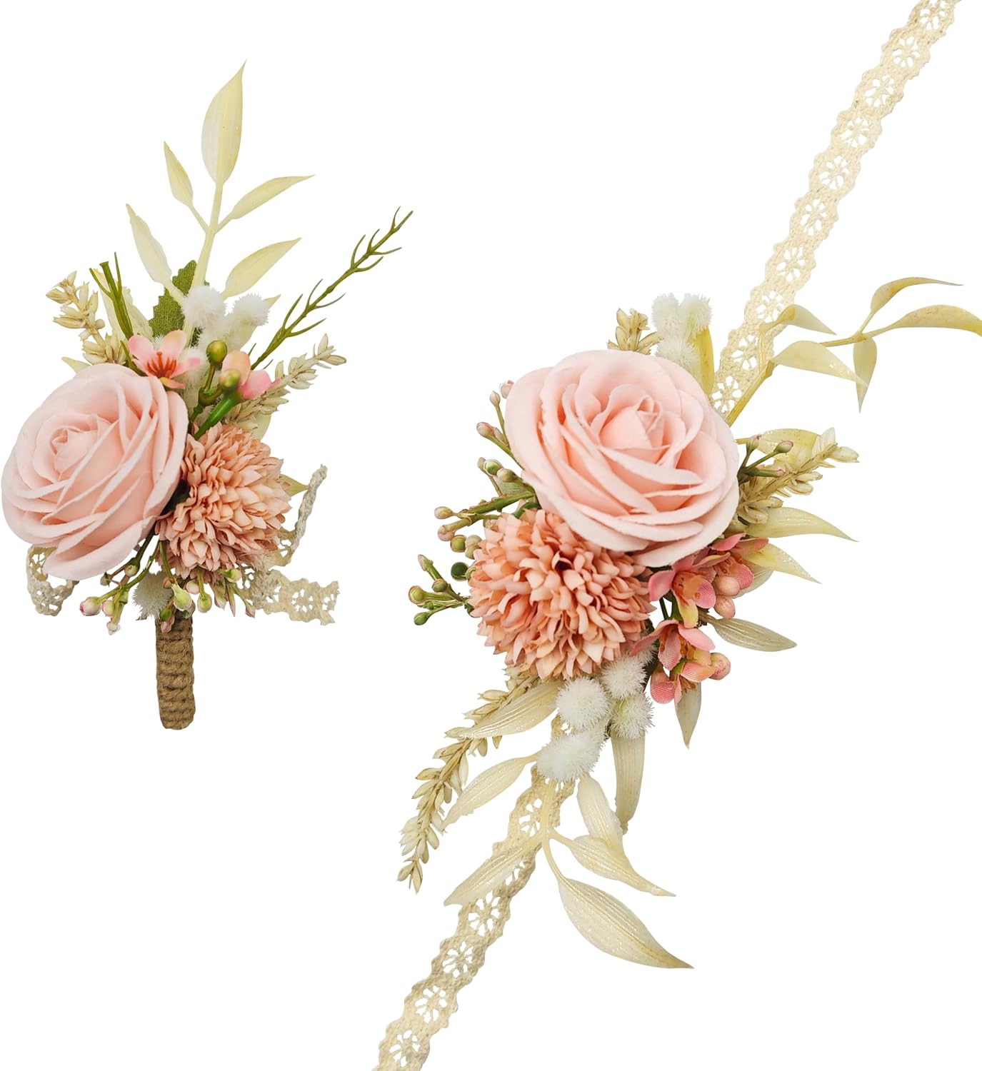 Pink Artificial Wrist Corsage and Boutonniere Set, Set of 2, Wristband Bride Hand Flower Men Boutonniere for Groom Wedding Party Prom Homecoming