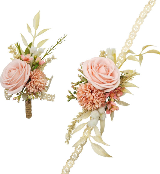 Pink Artificial Wrist Corsage and Boutonniere Set, Set of 2, Wristband Bride Hand Flower Men Boutonniere for Groom Wedding Party Prom Homecoming
