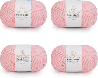 Thin Chenille Yarn for Crocheting & Knitting, Soft Plush Yarn for DIY Crafts, Amigurumi, Home Decor - 3 Light - 4 Pack of 1.7oz/142yds - Sakura Pink
