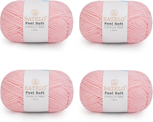 Thin Chenille Yarn for Crocheting & Knitting, Soft Plush Yarn for DIY Crafts, Amigurumi, Home Decor - 3 Light - 4 Pack of 1.7oz/142yds - Sakura Pink