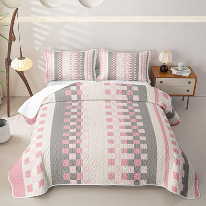 Erosebridal Girls Pink Plaid Twin Quilt Set for Summer Pink Grey Checkered Lightweight Bedspread for Kids Adults Geometric Stripes Grid Coverlet Checkerboard Aesthetic Quilted Comforter 2 Pieces