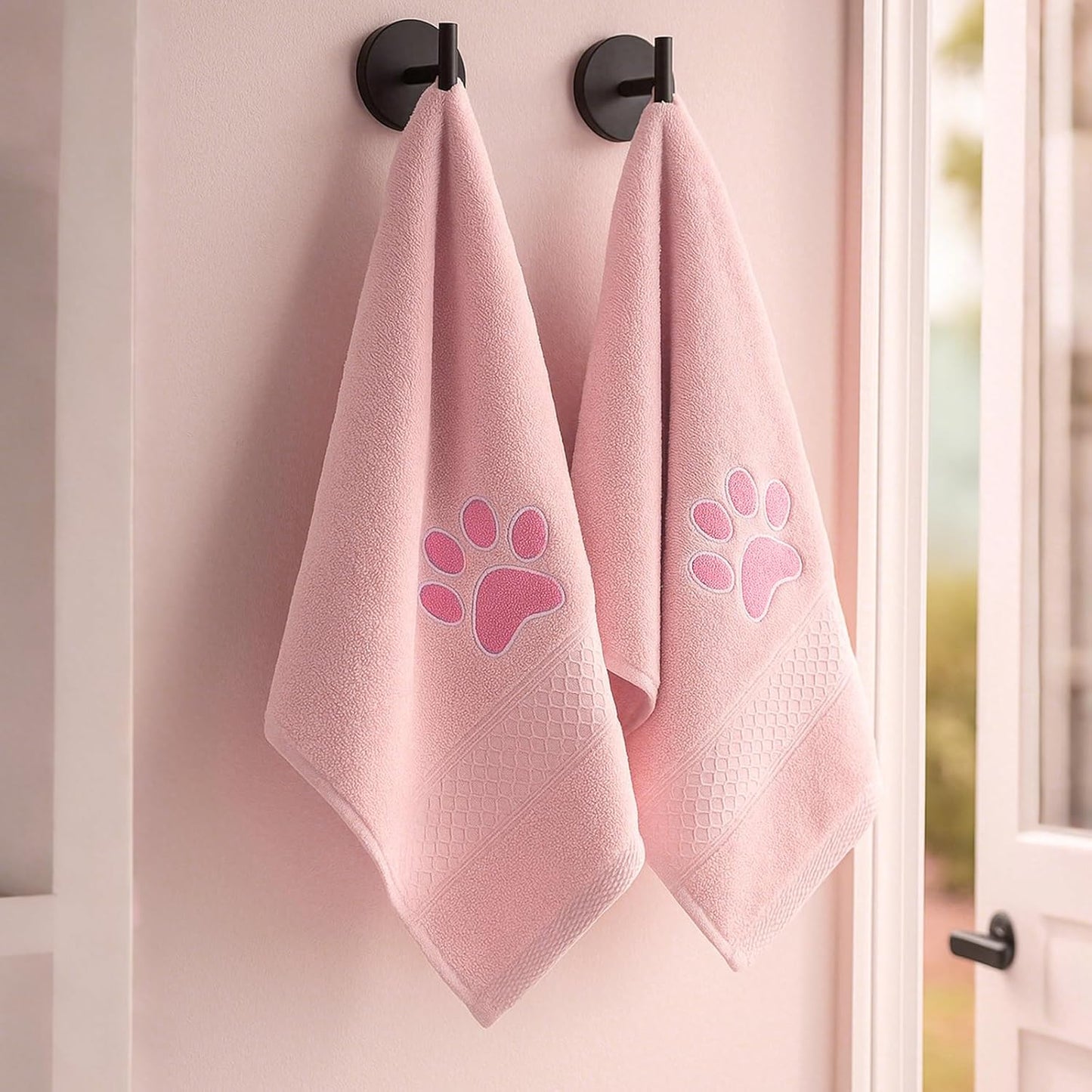 SmoothNovelty 2 Pcs Dog Paw Hand Towels Pink Bathroom Decor 13 x 29 Inch 100% Cotton Embroidered Soft Hand Towels Absorbent Farmhouse for Kitchen Restroom