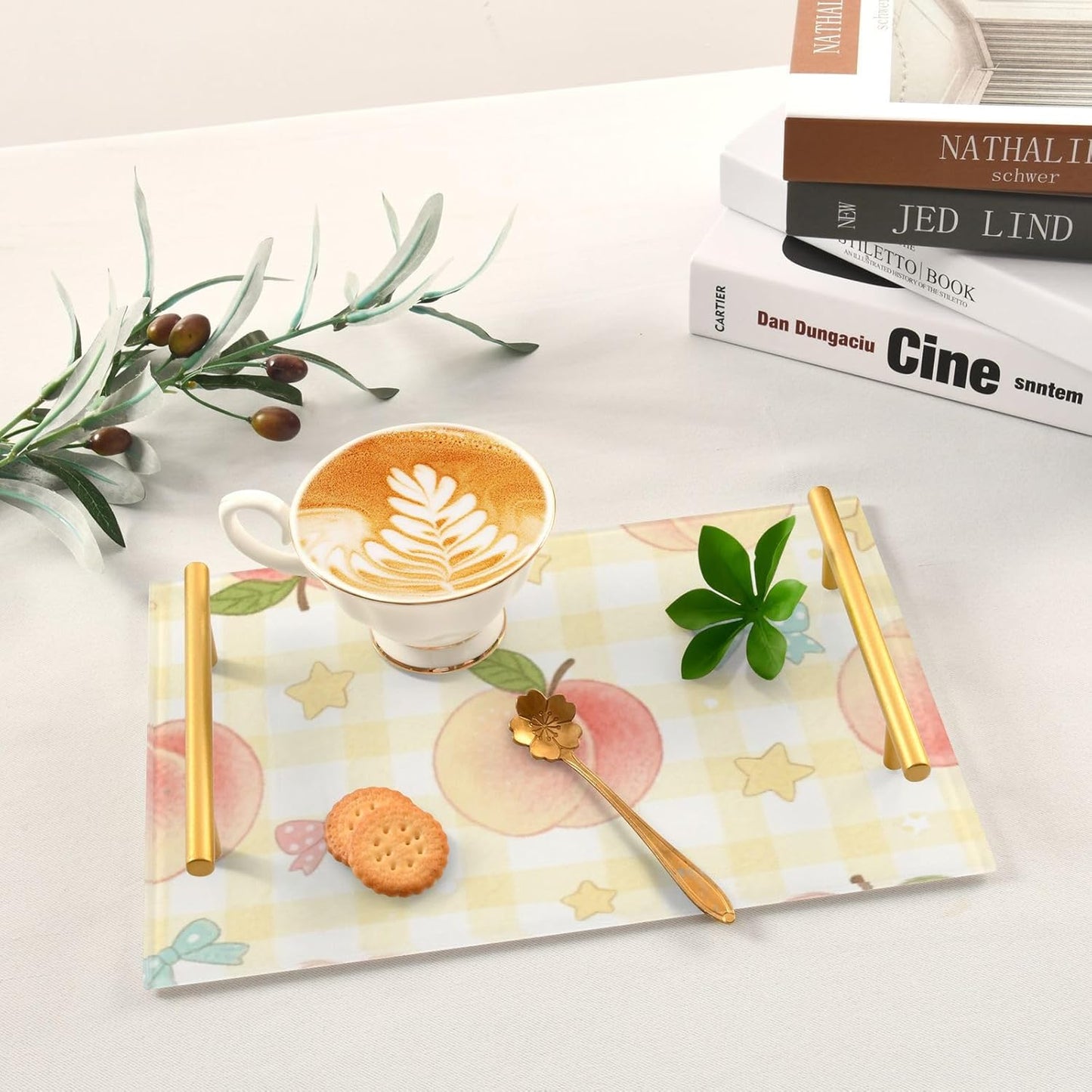 Cute Pink Peaches Decorative Lunch Tray with Handles Rectangular Serving Tray for Jewelry Perfume for Coffee Tables, Office