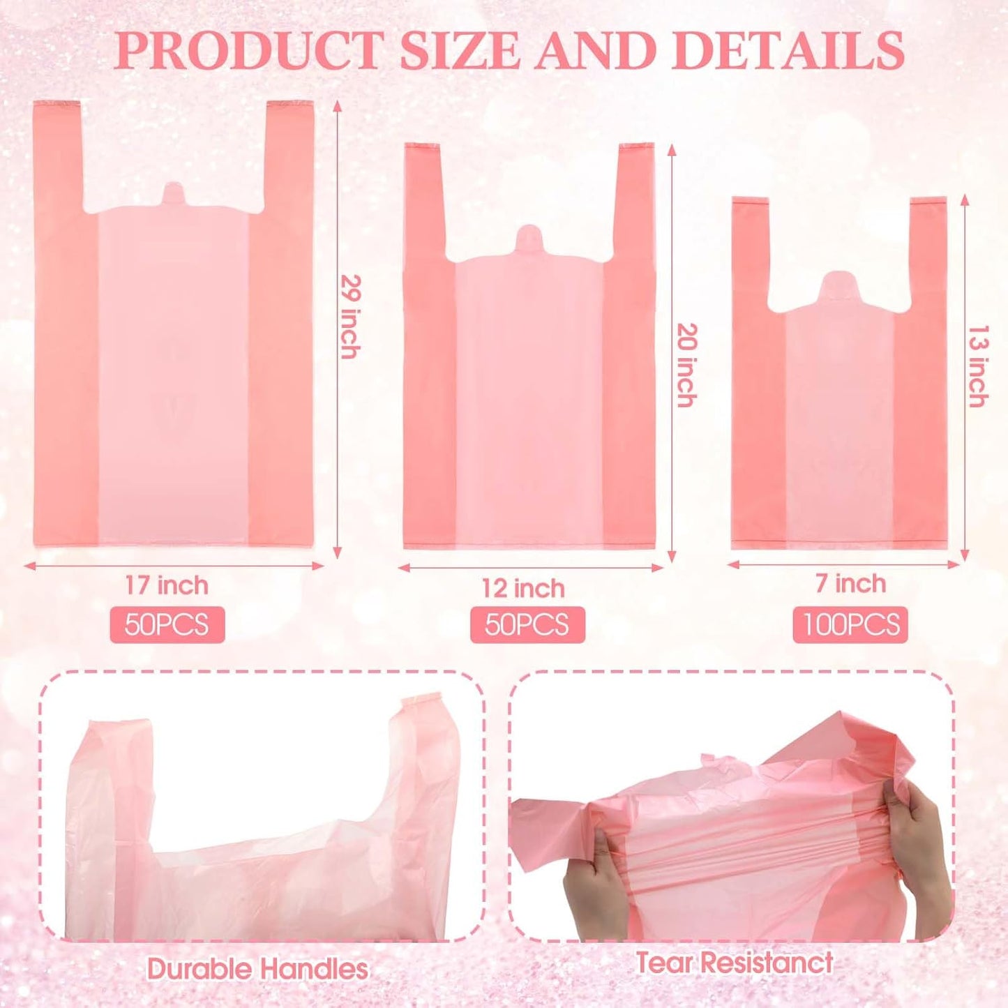 Dunzoom 200 Pcs Pink T-shirt Bags Bulk PE Plastic Shopping Trash Grocery Retail Bags with Handles for Business, Retails, Grocery, Take Out, Supermarket, 3 Size, 17" x 29", 12" x 20", 7" x 13"