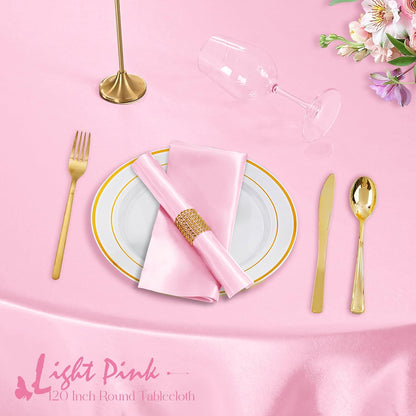 KKJIAF 4 Pack 120 Inch Round Tablecloth Satin Light Pink Tablecloth, Silky Satin Round Table Cover Dining Table Cloth for Wedding, Party, Banquet, Restaurant, Formal Events