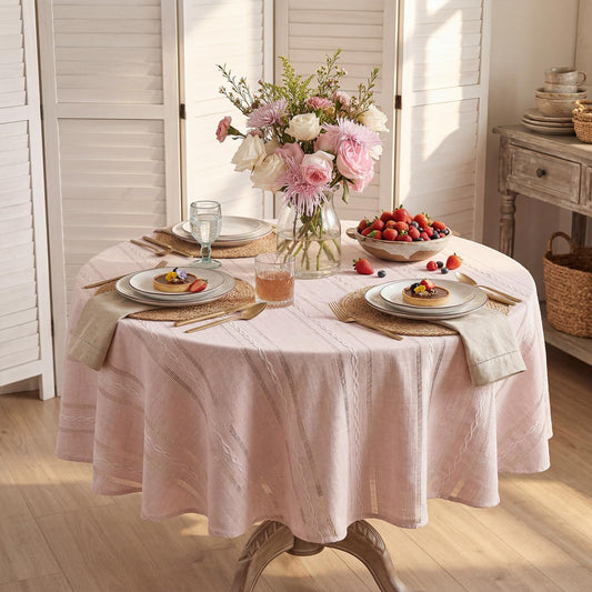 Horaldaily Pink Cotton Blend Tablecloth 60×60 Inch Round, Farmhouse Style, Wrinkle Resistant Washable Table Cloth, Hemstitched Embroidery Table Cover for Home
