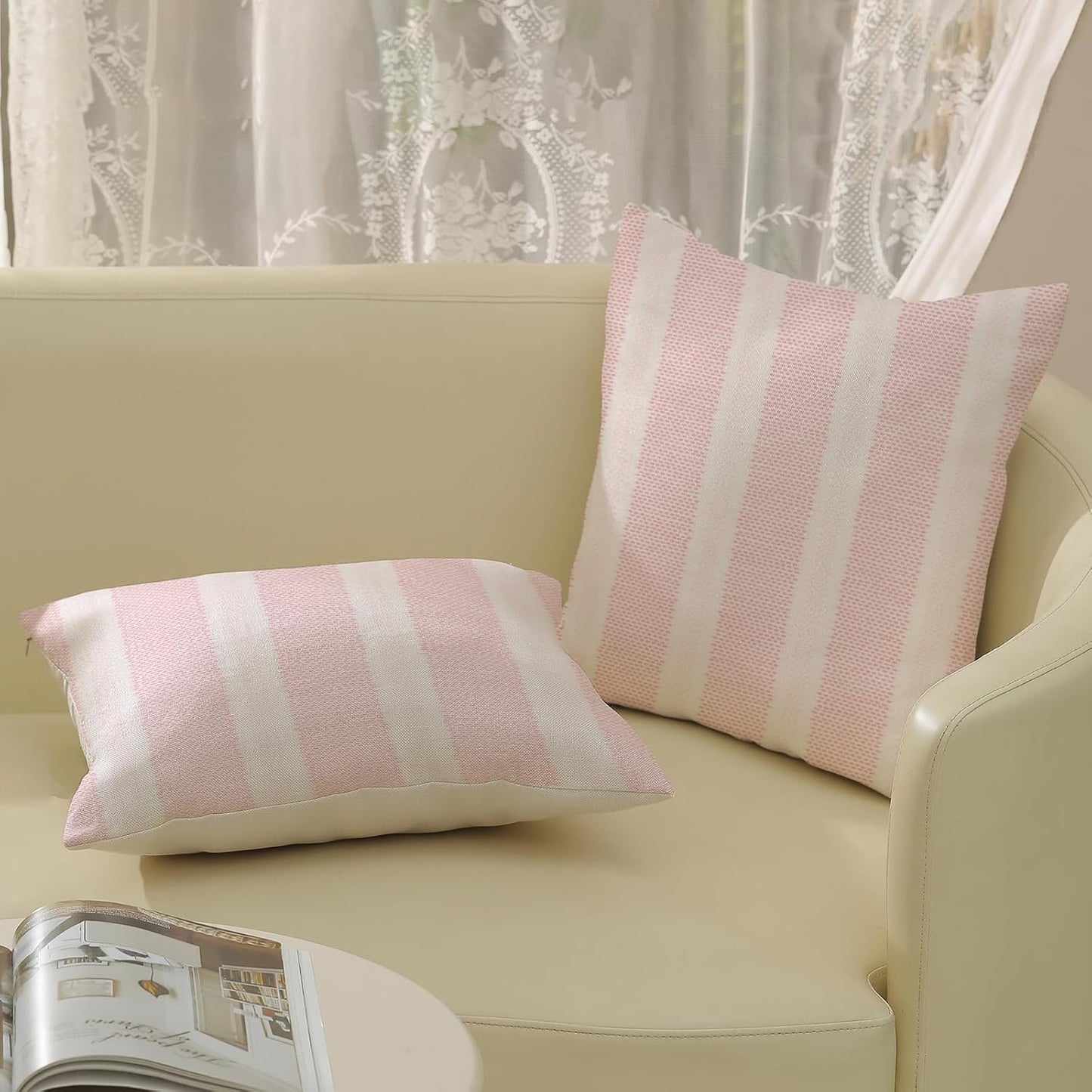 Boho Pillow Covers 18x18 Set of 2 Pink Stripes Throw Pillow Covers Outdoor Decoration Bohemian Style Modern Abstract Decorative Pillowcase Farmhouse Linen Cushion Cover for Home Couch Sofa
