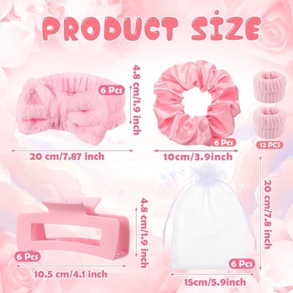 Fanfanwin 42 Pcs Pink Sleepover Party Supplies 6 Spa Headband 12 Pink Wristbands 6 Hair Clip 6 Hair Scrunchies 6 Mirror 6 Organza Bags for Spa Party Favors Birthday Slumber Bridal Showers Gifts