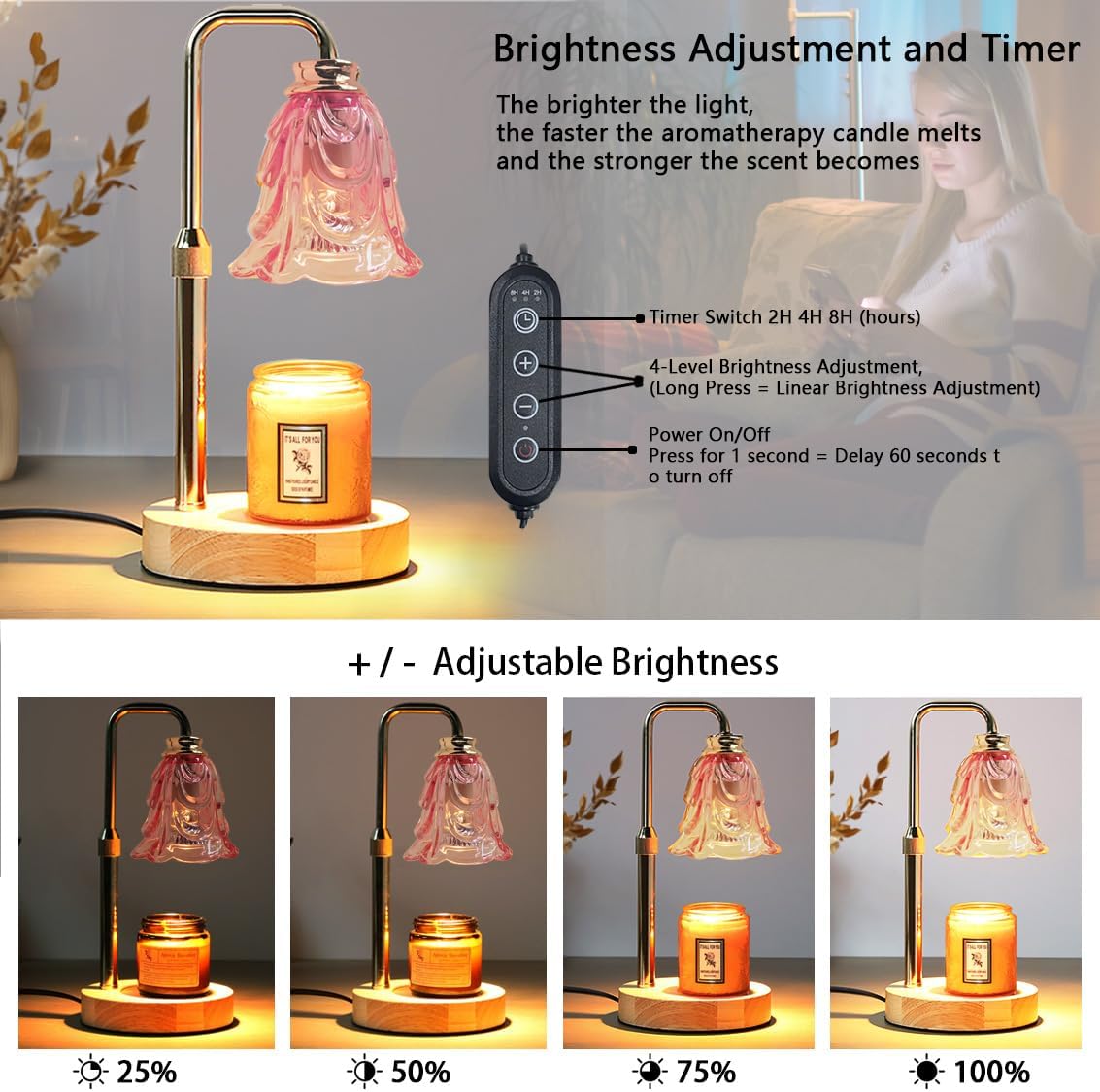 Candle Warmer Lamp with Timer Dimmer Adjustable Height for New Home House Bedroom Decor,Wax Melt Warmer with 2 Bulbs for Jar Candles, Gifts for Mom Women Friend Sister Mothers Day Birthday | Pink