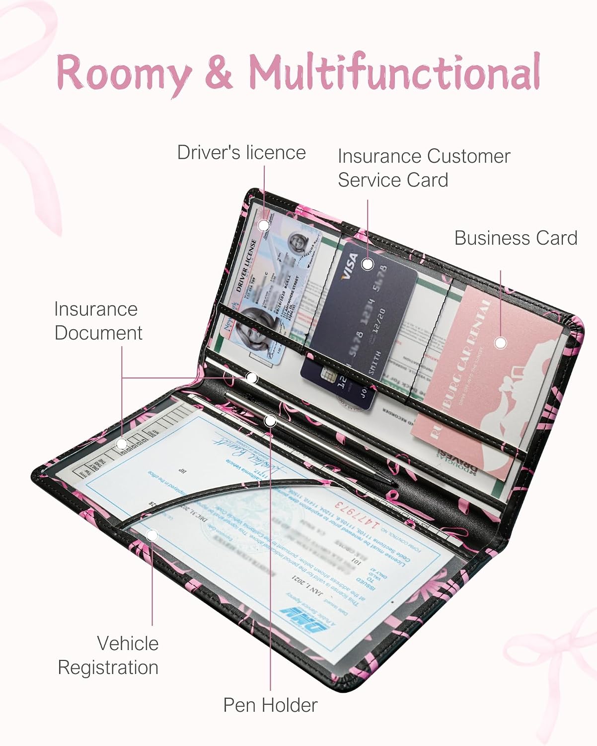 Mymazn Car Registration and Insurance Holder, PU Leather Glove Box Car Organizer with Magnetic Closure, Car Document Holder for Driver's License & Essential Documents (Pink Bow)
