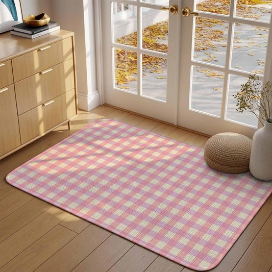 Bathroom Rugs 19.7x31.5 Inch, Pink Non Slip Rugs Washable Low Pile, Grid Checkered Plaid Gingham Lattice Trellis Front Door Mat Entryway Rug with Rubber Backing