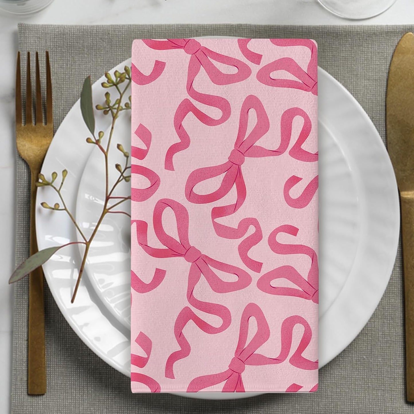 Pink Bow Kitchen Dish Towels Set of 2, Coquette Ribbon Stripes Preppy Drying Hand Towel Baking Cooking Cloth, Aesthetic Girly Bathroom Home Decoration Gift for Girls Women 18'' x 26''