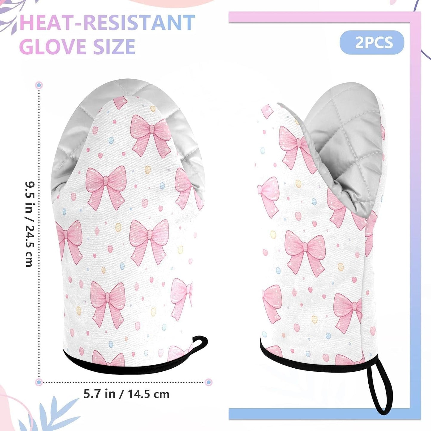 Pink Bows Polka Dots Non-Slip Oven Mitts Set Heat Resistant Kitchen Gloves with Quilted Liner Cotton Machine Washable with Hanging Loop for Baking Grilling BBQ