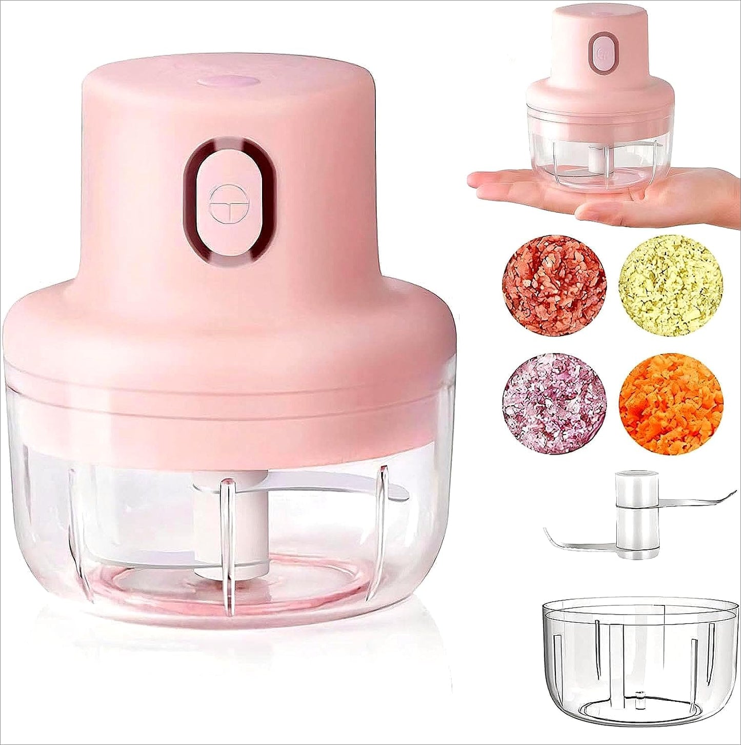 Electric Garlic Chopper, Pink USB Charging Wireless Food Mini Portable Veggie Garlic Grinder Masher Onion Cordless Blender Processor Crusher for Ginger, Chili, Fruit, Meat, Spices, Beans, etc (250ml)