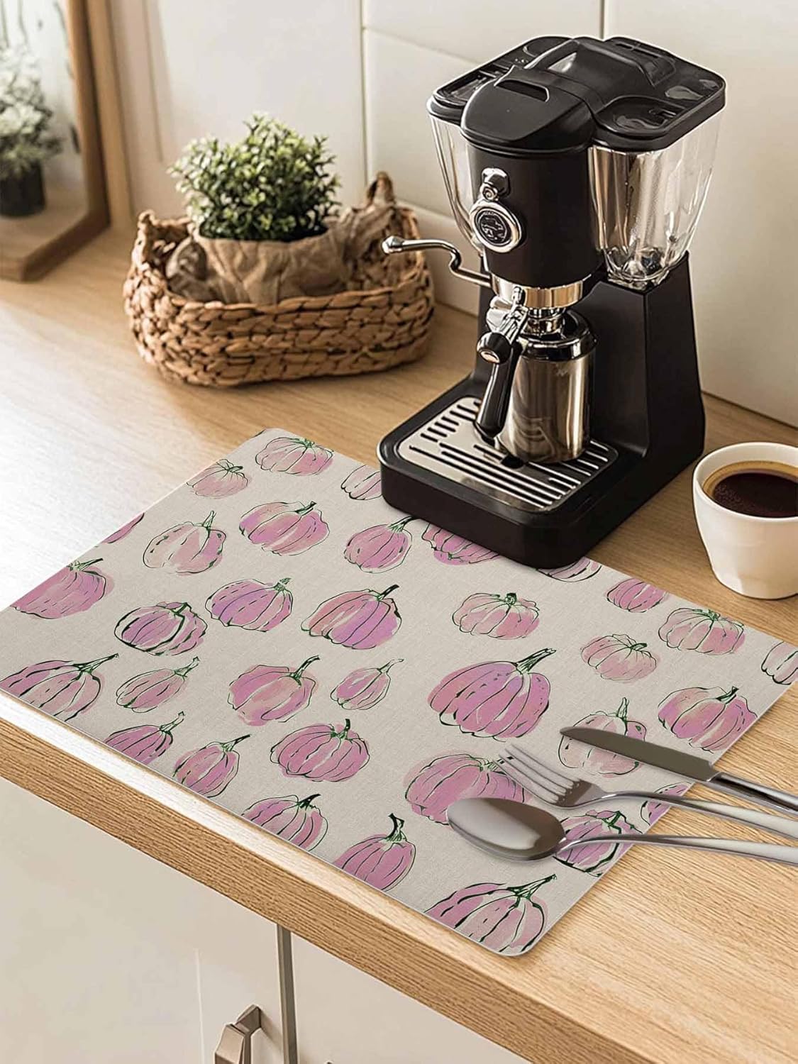 Coffee Mat for Countertops Fall Thanksgiving Light-pink Pumpkin Pattern Retro Linen Absorbent Dish Drying Mat for Kitchen Counter Coffee Bar Accessories Rubber Backed for Espresso Machine 16" x 18"