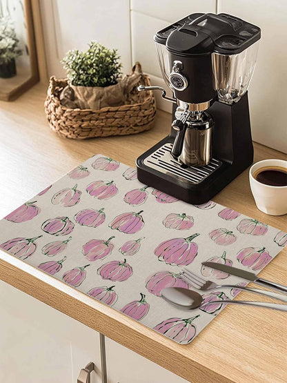 Coffee Mat for Countertops Fall Thanksgiving Light-pink Pumpkin Pattern Retro Linen Absorbent Dish Drying Mat for Kitchen Counter Coffee Bar Accessories Rubber Backed for Espresso Machine 16" x 18"