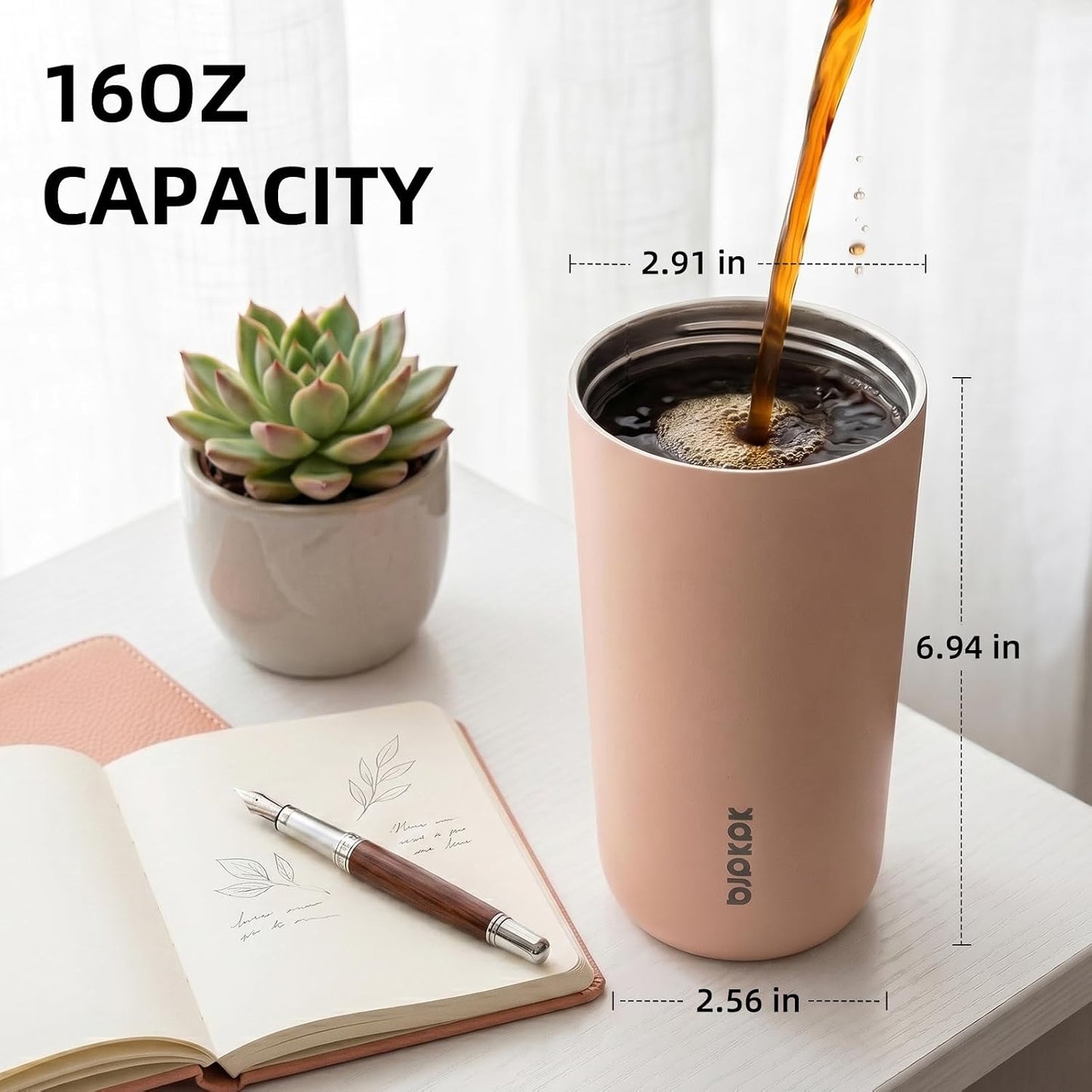 BJPKPK 3 Pack 16oz Travel Coffee Mugs, Insulated Stainless Steel Tumblers with Leak-Proof Lids, BPA Free, Dishwasher Safe Bulk Tumbler Set for Gifts & Daily Use,Peach