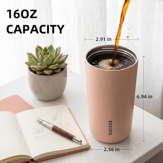BJPKPK 3 Pack 16oz Travel Coffee Mugs, Insulated Stainless Steel Tumblers with Leak-Proof Lids, BPA Free, Dishwasher Safe Bulk Tumbler Set for Gifts & Daily Use,Peach
