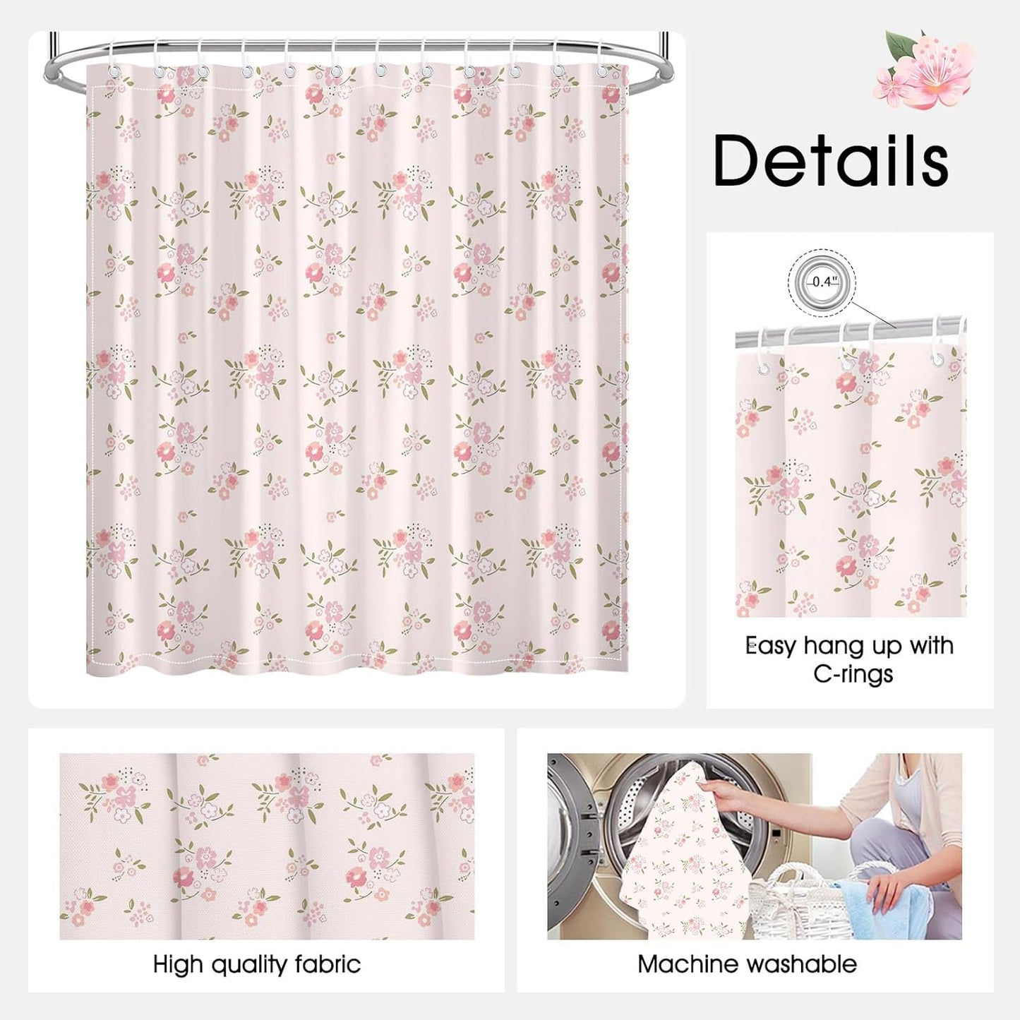 Mocsicka Pink Flower Shower Curtain Girly Shower Curtains for Bathroom Pastel Pink Curtain for Bathtub Gift for Girl (Pink, 71x71inch)
