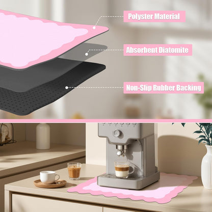 Scalloped Coffee Bar Mat for Countertop, Cute Dish Drying Mats for Kitchen Counter, Diatomite Absorbent Mat for Coffee Station, Kitchen Aesthetic Decor (12"x19", Pink)