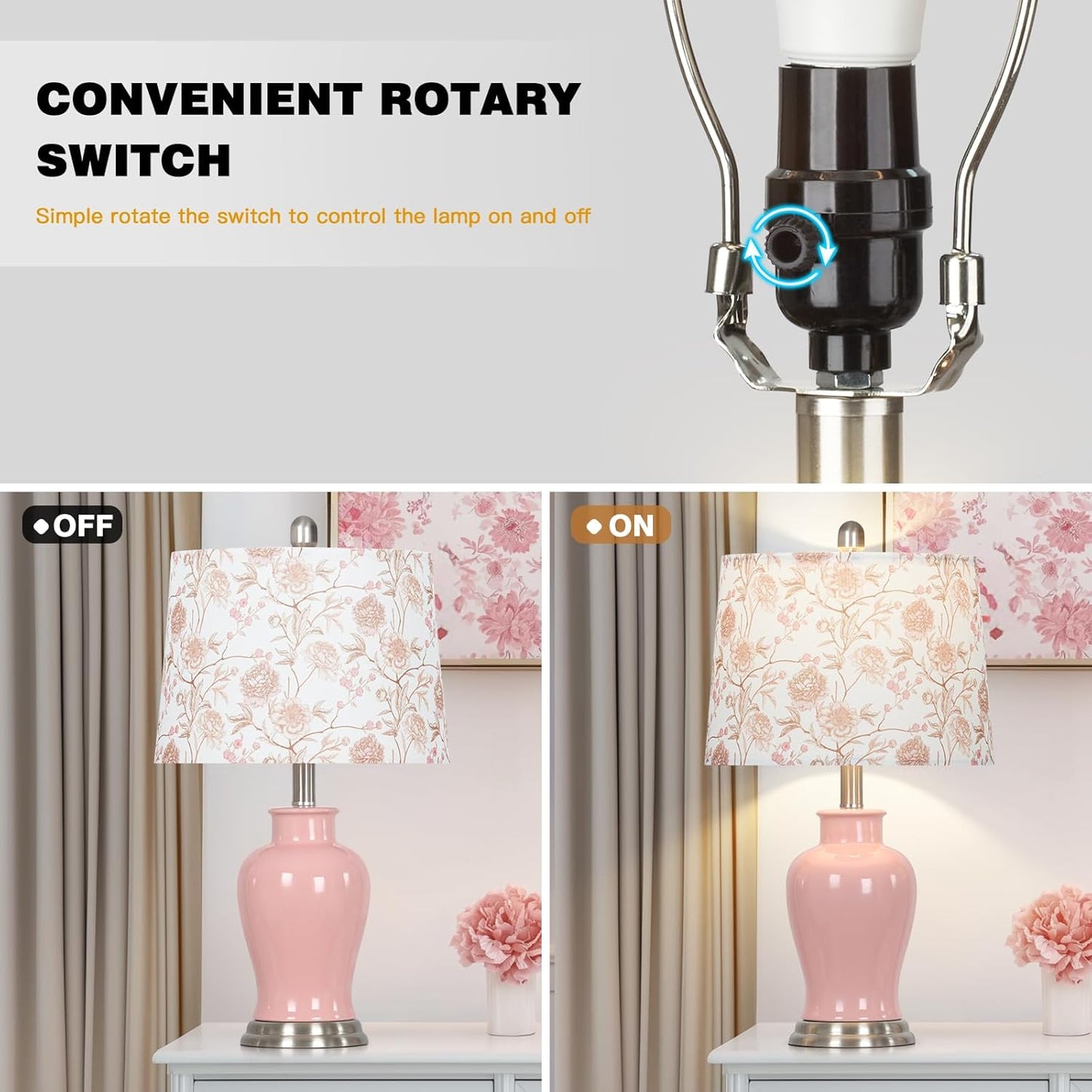 Ruzectt Pink Ceramic Table Lamp with Flower Lampshade, 23" Cute Bedroom Lamp with Ginger Jar Design, Modern Living Room Lamps Set 2, Elegant Bedside Lamps for Nightstand End Table Home Decor